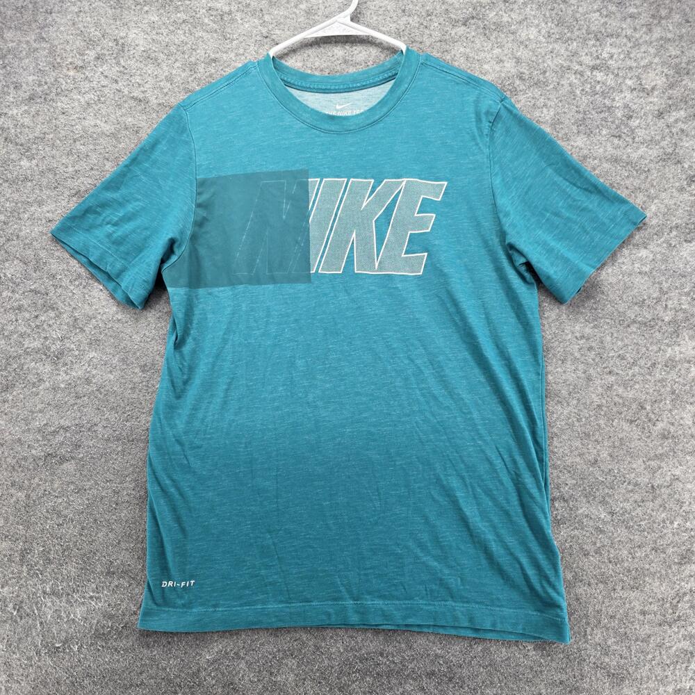 Nike Shirt Mens Medium Blue Dri-FIT Athletic Tee Lightweight Swoosh Spell Out